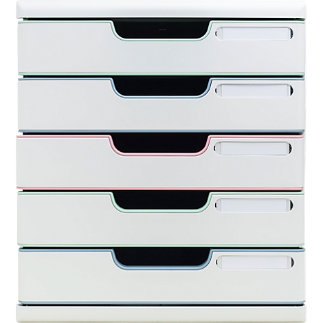 Witte lade-eenheid met vijf lades. Elke lade heeft een zwarte handgreep en een gekleurde rand, waaronder groen, roze en blauw.