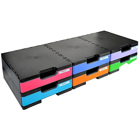 Mehrfarbige stapelbare Ablagekörbe. Schwarz, Pink, Blau, Orange, Lila und Grün. Jede Schublade hat einen Beschriftungsbereich.