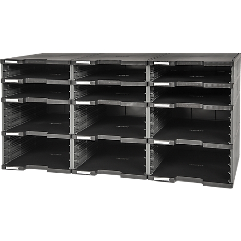 Grauer, modularer Büro-Organizer mit 12 Fächern für Dokumente, Briefe oder Büromaterialien.
