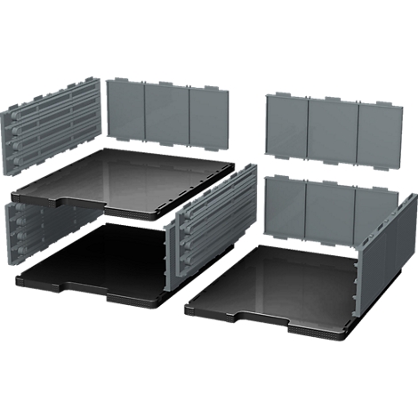 Plusieurs pièces en plastique grises et noires disposées dans une vue isométrique qui peuvent être assemblées en une boîte.