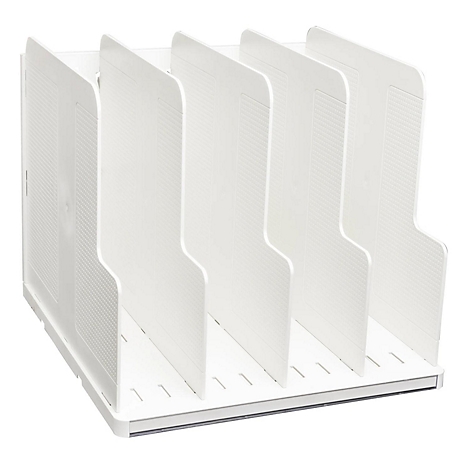 Weißer Aktenhalter mit fünf Fächern. Jedes Fach hat eine leicht geschwungene Form.
