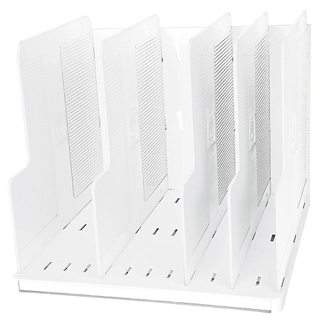 Weißer Aktenhalter mit mehreren Fächern. Jedes Fach hat eine geriffelte Oberfläche.