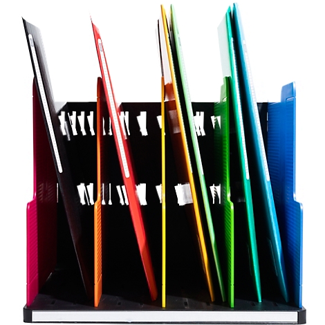 Schwarzer Dokumentenhalter mit farbigen Ordnern. Die Ordner sind in verschiedenen Farben angeordnet: pink, orange, rot, gelb, grün, blau.