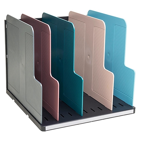 Mehrfarbiger Schreibtisch-Organizer mit mehreren Fächern. Fächer in Grau, Pink, Türkis, Beige und Hellblau.