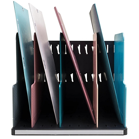 Schwarzer Dokumenten-Organizer mit farbigen Aktenordnern. Fächer sind beschriftet, mit Muster, hellgrauem Rahmen.