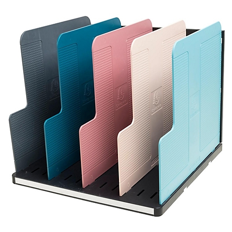 Blick auf einen Schreibtisch-Organisator mit fünf farbigen Ordnern, die in einer schwarzen Basis stehen.