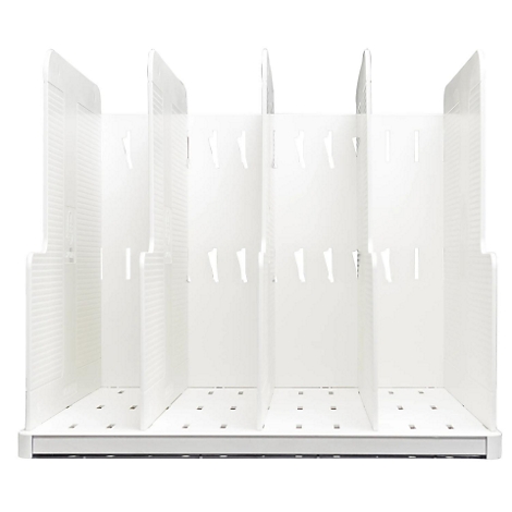 Organisateur de bureau rectangulaire blanc avec plusieurs compartiments. Trous et fentes visibles.