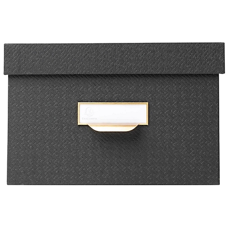 Dunkelgraue Schachtel mit Deckel und Namensschild.