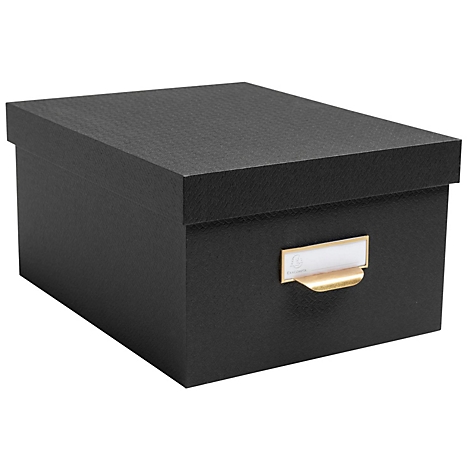 Schwarze Aufbewahrungsbox mit Deckel und Messing-Etikettenhalter.