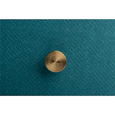 Gros plan d'un bouton doré sur une surface turquoise texturée. Le bouton porte un logo gravé.