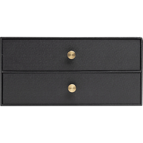 Commode noire avec deux tiroirs et des boutons dorés.