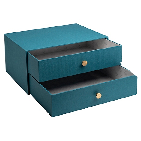 Teal sieradenkist met twee lades. Elke lade heeft een gouden knop. De binnenkant is grijs.