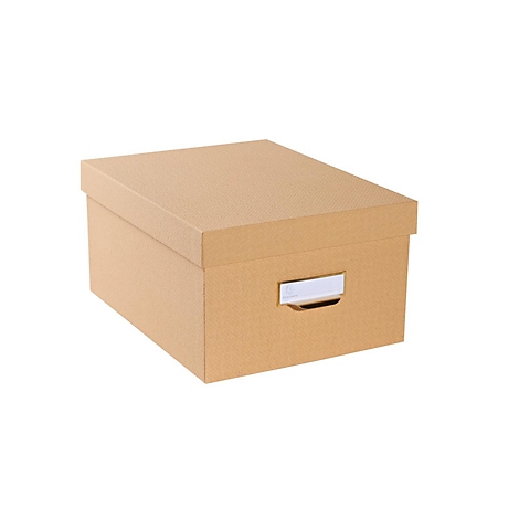 Beige kartonnen doos met deksel en witte handgreep. Op een lichte achtergrond.