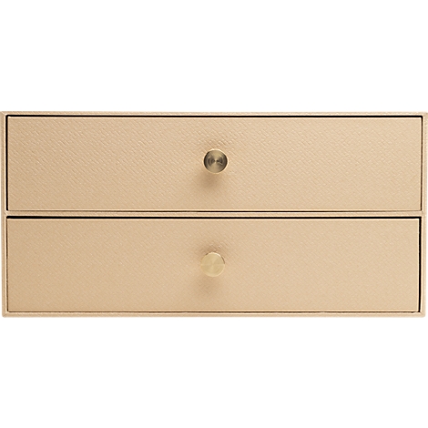 Nahaufnahme einer zweischichtigen Schublade aus hellem Leder mit zwei runden Knöpfen.