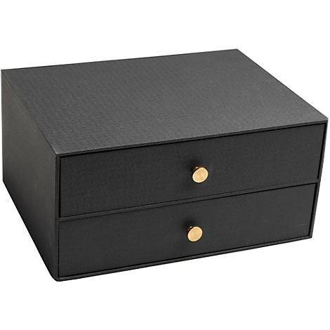 Schwarze Schubladenbox mit zwei Schubladen. Runde goldene Knöpfe, strukturierte Oberfläche.