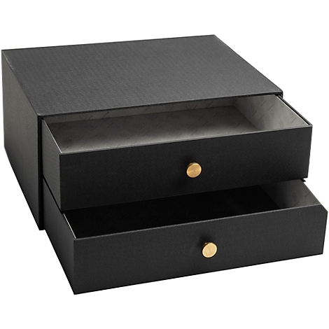 Schwarze Schubladenbox mit zwei Schubladen. Jede Schublade hat einen goldenen Knopf.
