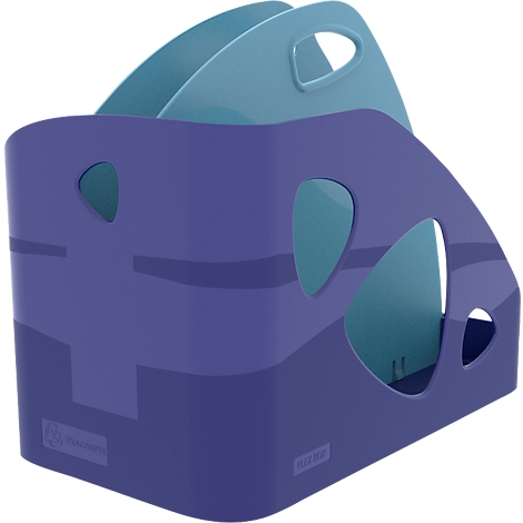 Porte-revues bleu-violet avec poignées et découpes. Conçu avec des accents de couleur plus clairs.