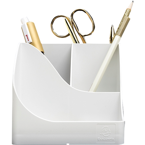 Witte pennenhouder met gouden accenten. Bevat pennen, schaar. Logo rechtsonder.