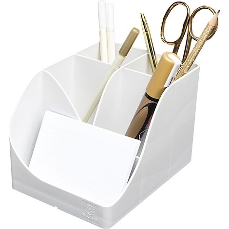 Witte bureau-organizer met pennen, schaar, potloden en notities.