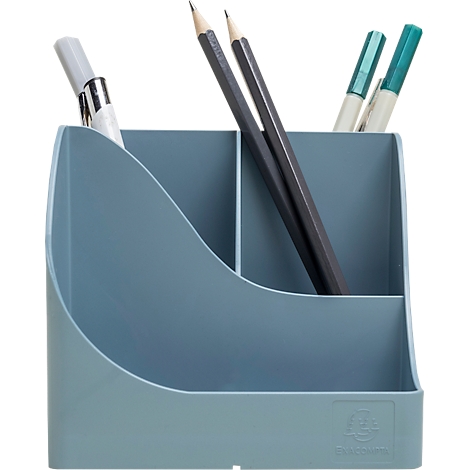 Blauw pennenbakje met pennen, potloden en stiften.