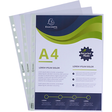 Pochettes transparentes, format A4. Une feuille porte le logo "Exacompta" et l'inscription "Recycled Plastic".