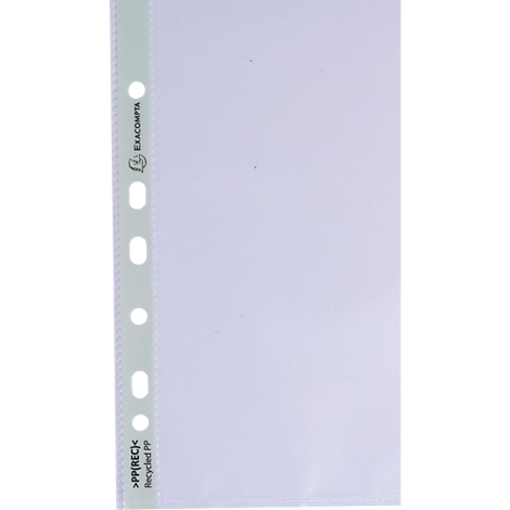 Pochette de documents transparente avec bord perforé. Inscription imprimée : Exacompta, PP/REC Recycled PP.