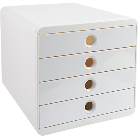 Commode blanche empilable avec quatre tiroirs et ouvertures de poignée rondes.