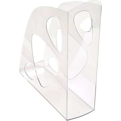 Porte-revues transparent en plastique avec des découpes de forme organique.