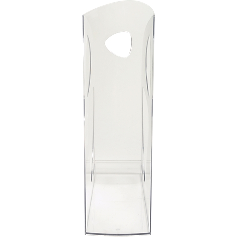 Boîte de rangement rectangulaire en plastique transparent avec poignée. La poignée est un trou de forme ovale.