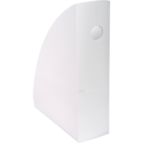 Porte-revues blanc, semi-circulaire, avec un trou de poignée rond.