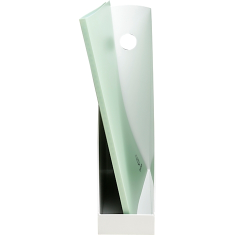 Mug angulaire et lumineuse avec paroi interne vert clair et évidement. Base blanche en dessous. Inscription sur la paroi interne.