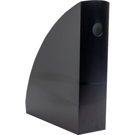 Porte-revues noir, rectangulaire avec coin arrondi et trou rond.