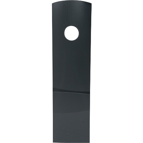 Une forme allongée de couleur anthracite avec des coins arrondis et un trou ovale dans la partie supérieure.