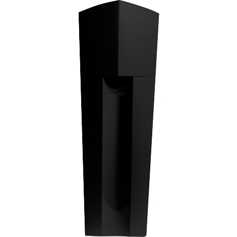 Robinet de design noir angulaire avec un logo d'entreprise subtil.
