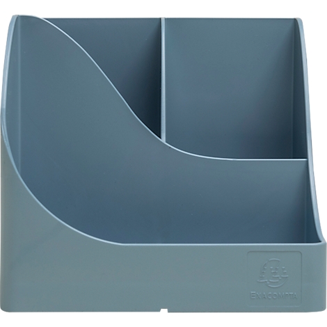 Bac de rangement de bureau bleu clair. L'avant a une forme incurvée. Le plateau est divisé en plusieurs compartiments.