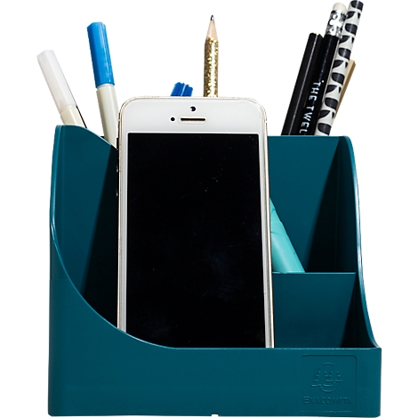 Organisateur de bureau turquoise avec smartphone et stylos. Autocollant en bas à droite.