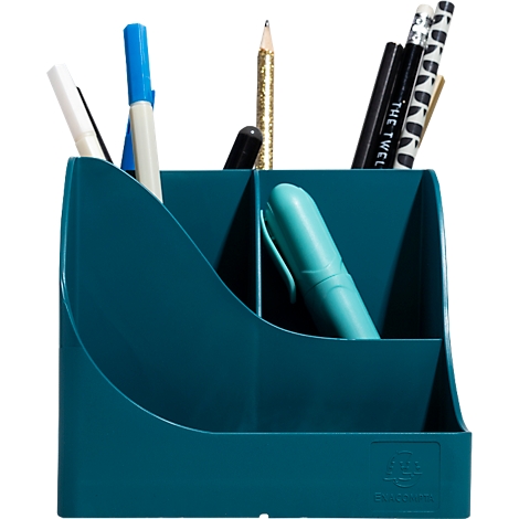 Porte-crayons turquoise rempli de stylos, de crayons et d'un crayon à paillettes.