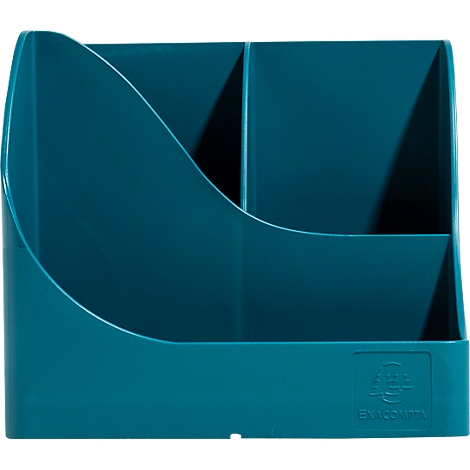 Porte-crayons turquoise avec trois compartiments, des bords arrondis et un logo. Le porte-crayons est posé sur un fond blanc.