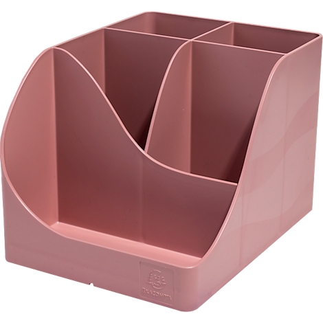 Organisateur de bureau rose avec plusieurs compartiments.