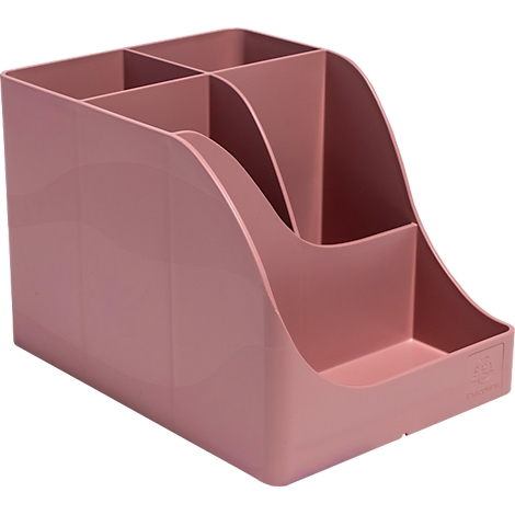 Organisateur de bureau rose avec plusieurs compartiments.