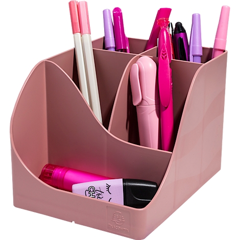 Porte-stylo rose rempli de stylos de couleurs variées.