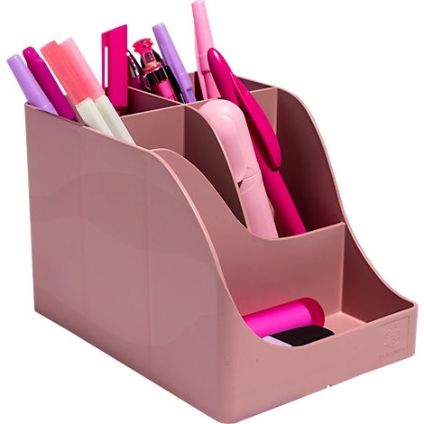 Porte-stylos rose avec stylos et marqueurs de différentes couleurs. Le support est divisé en compartiments.