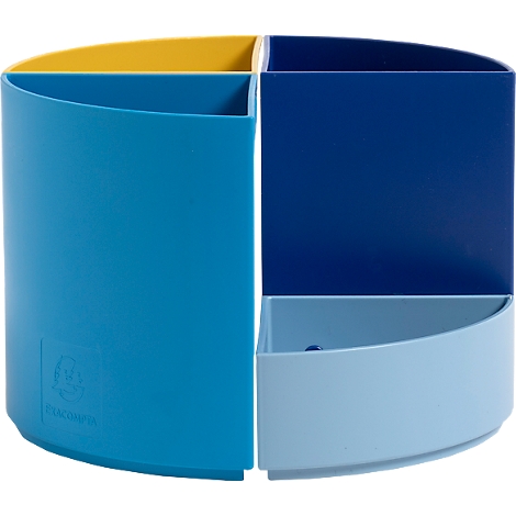 Porte-stylo rond multicolore divisé en quatre compartiments. Bleu, jaune et bleu clair.