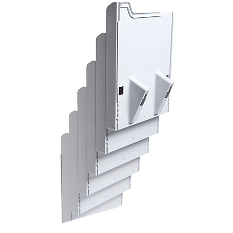 Produit en plastique blanc, à niveaux et à angles variés. Deux supports triangulaires sont fixés au dos.