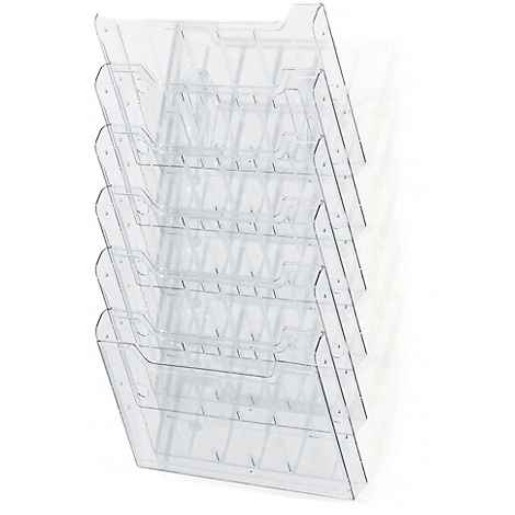 Porte-brochures mural en plastique transparent avec six compartiments.