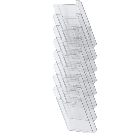 Porte-brochures transparent et empilable avec plusieurs compartiments. Le porte-brochures est représenté sur un fond blanc.