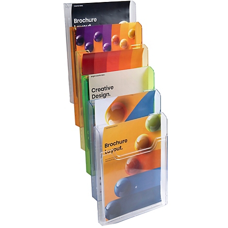 Transparenter Prospekthalter mit farbigen Broschüren. Beschriftung: Brochure, Creative Design.