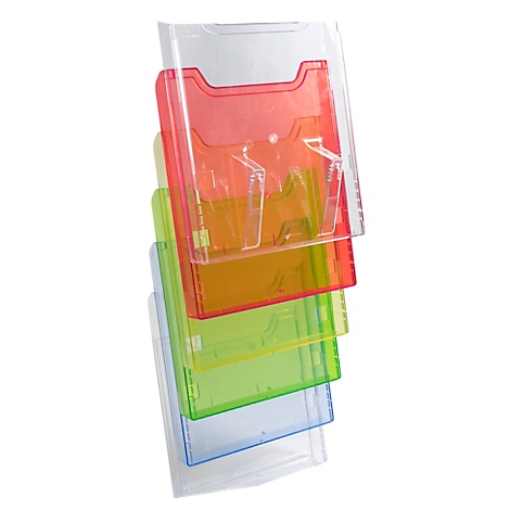 Mehrfarbiger Wandprospekthalter, transparente Fächer in Rot, Orange, Grün, Blau.