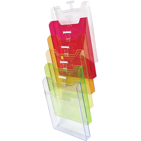 Mehrfarbiger Wandprospekthalter, aus Kunststoff, mit transparenten, rosa, gelben und grünen Fächern.