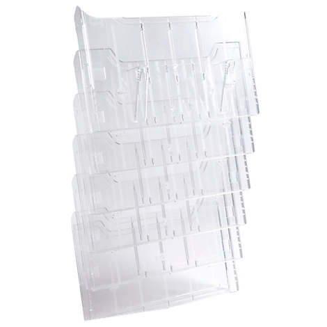 Durchsichtiger, mehrstöckiger Kartenhalter aus Kunststoff.